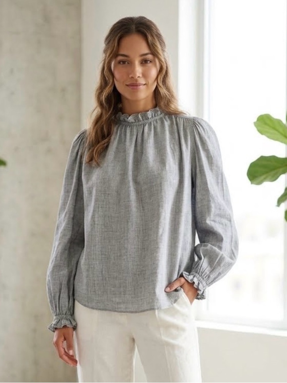 Rebecca Taylor La Vie Grey Linen Ruffled Mock Neck Long Sleeve  Blouse XS